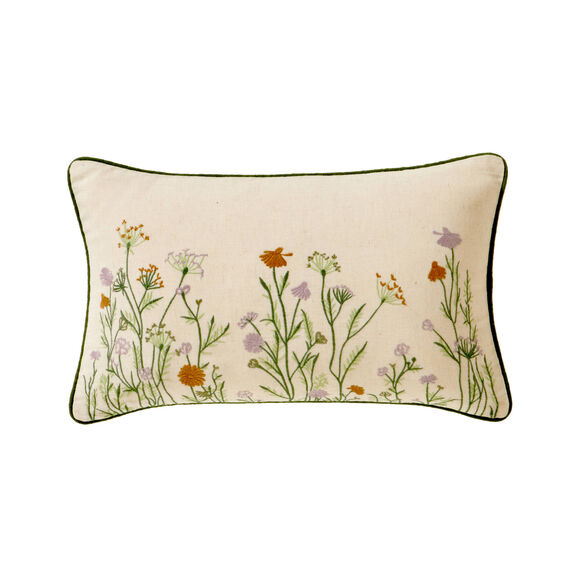 Coussin rectangulaire coton lin broderie fleurie (vert / parme) Coussin rectangulaire coton lin broderie fleurie (vert / parme)